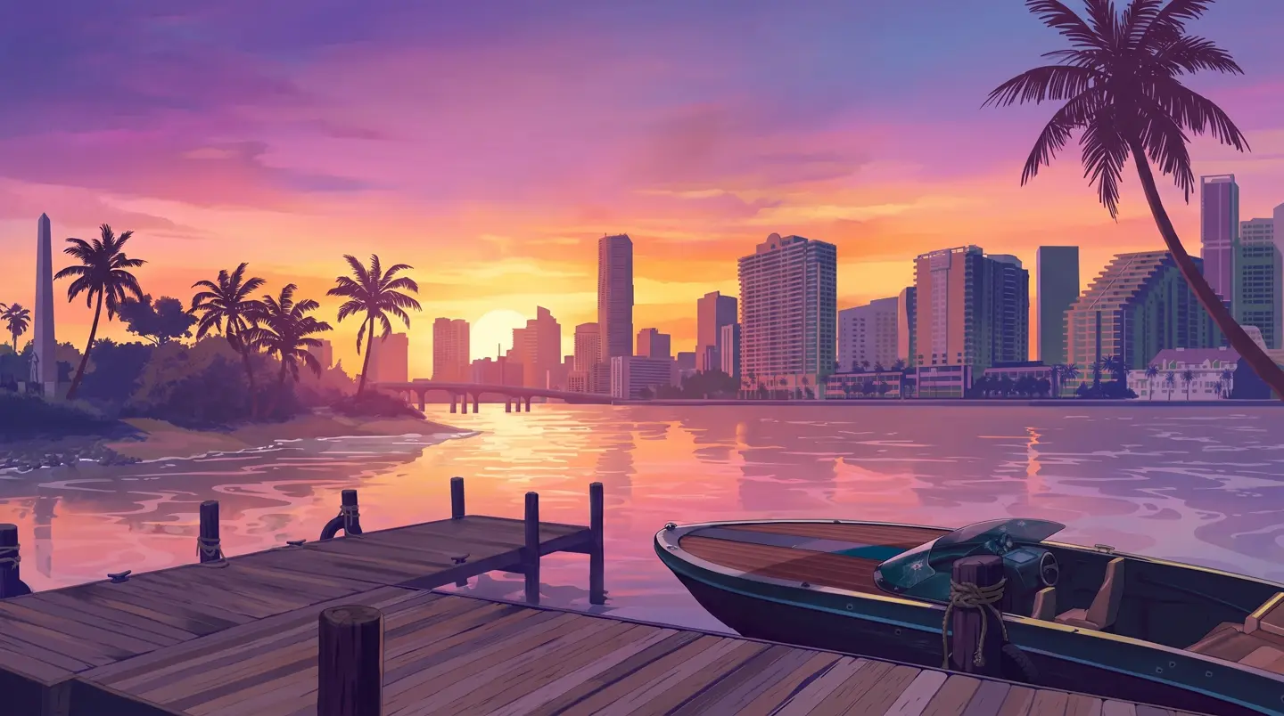 Illustrated Miami bay at sunset with skyline, palms and a boat at the dock